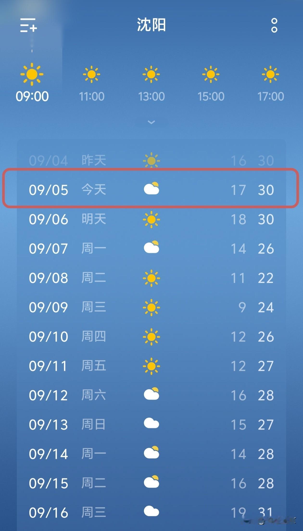 沈阳天气播报，一起来关注最近的天气变化！今天是9月5日，星期六，沈阳是多云