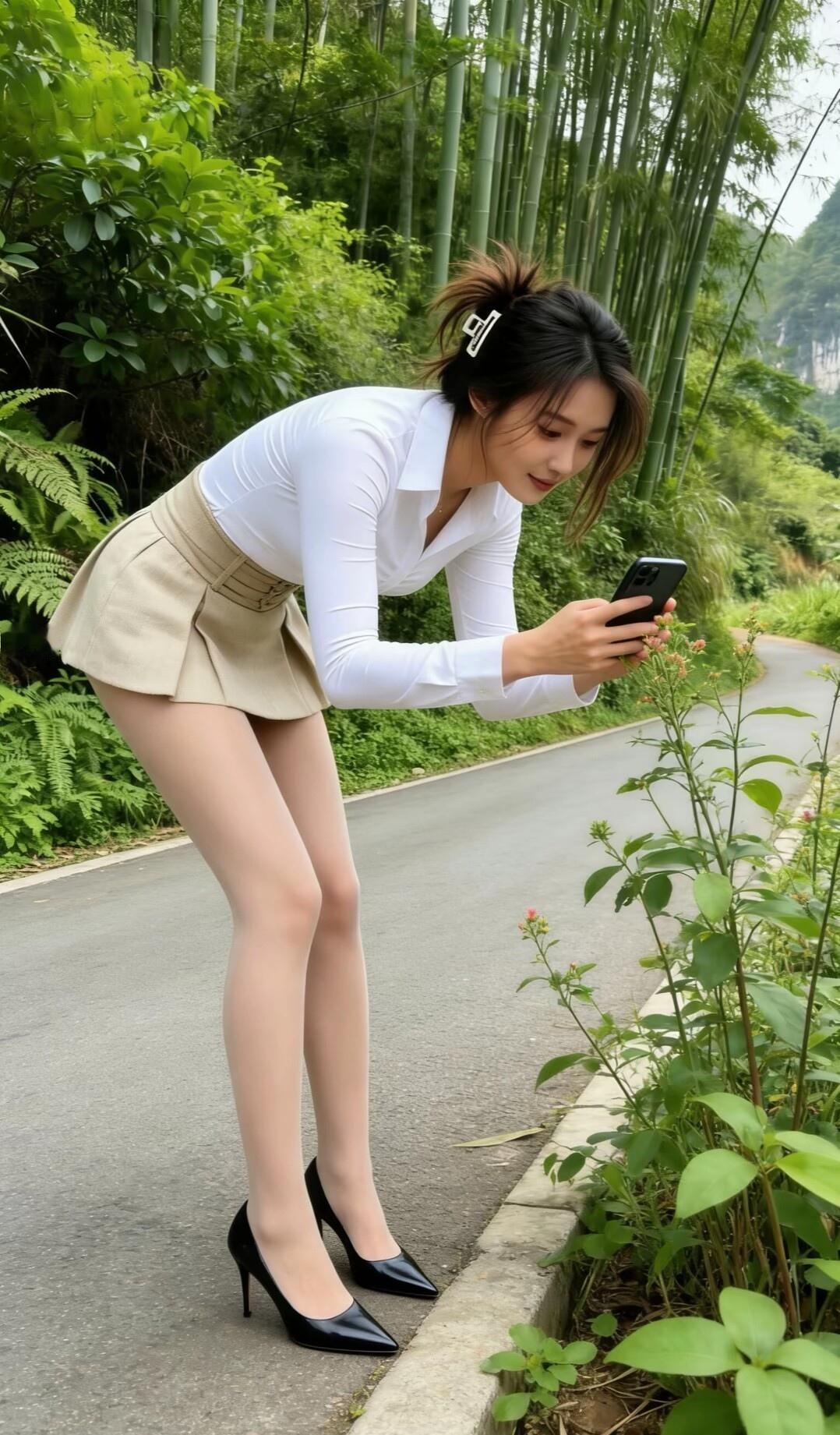 竹林小道上的时尚穿搭，手机自拍时刻