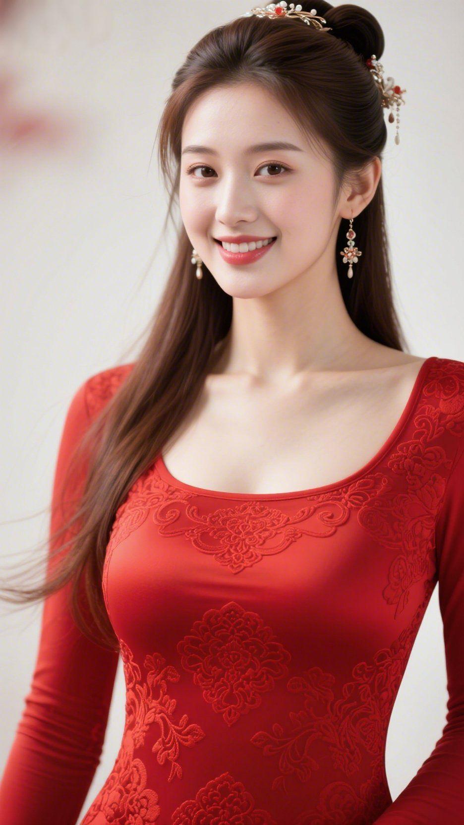 红韵染风华一袭红裳，似撷来暮天的绯云，将东方的清雅风骨凝于衣袂。青丝轻绾，簪头