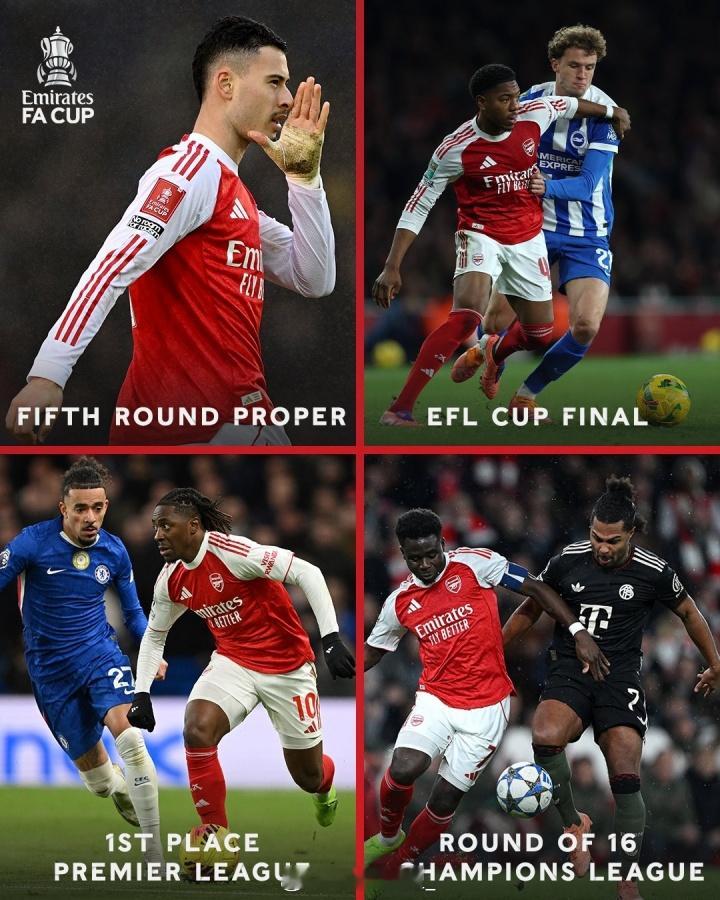 四线争冠！足总杯：第5轮（16强）联赛杯：决赛（阿森纳vs曼城）英超：第1（4分