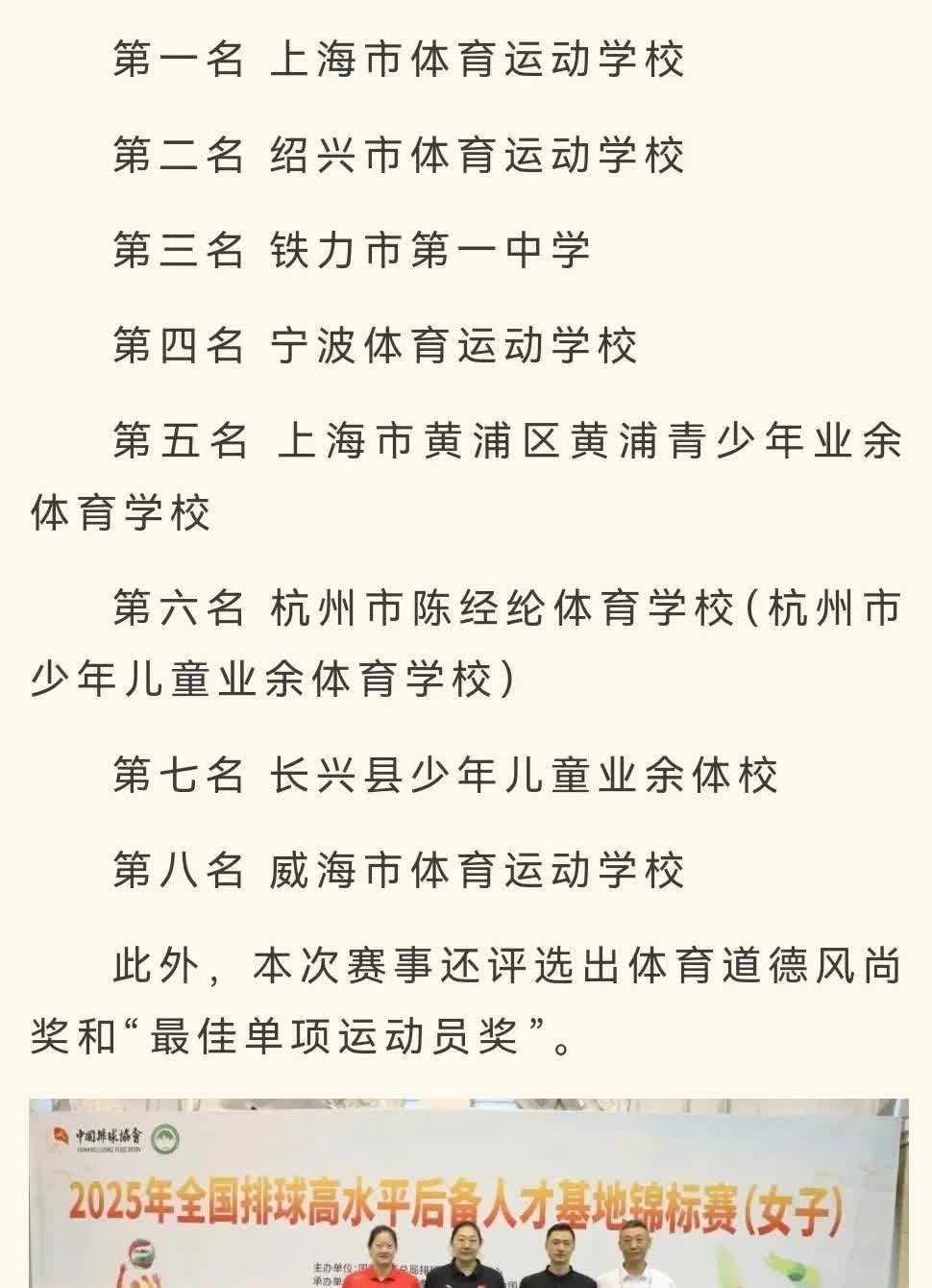 陈丽怡领衔天津体校女排斩获“体育道德风尚运动队”奖项。2025全国排球高水平后备