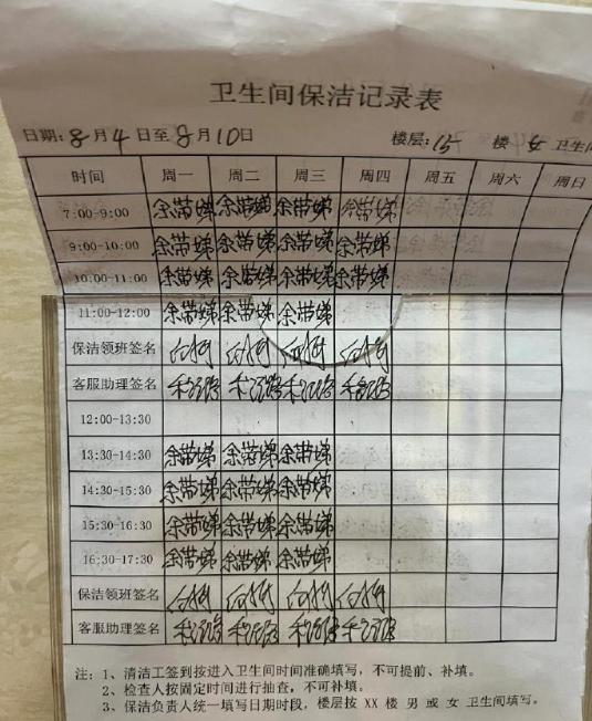 看到厕所签名表清洁阿姨的名字真的很心酸​​​