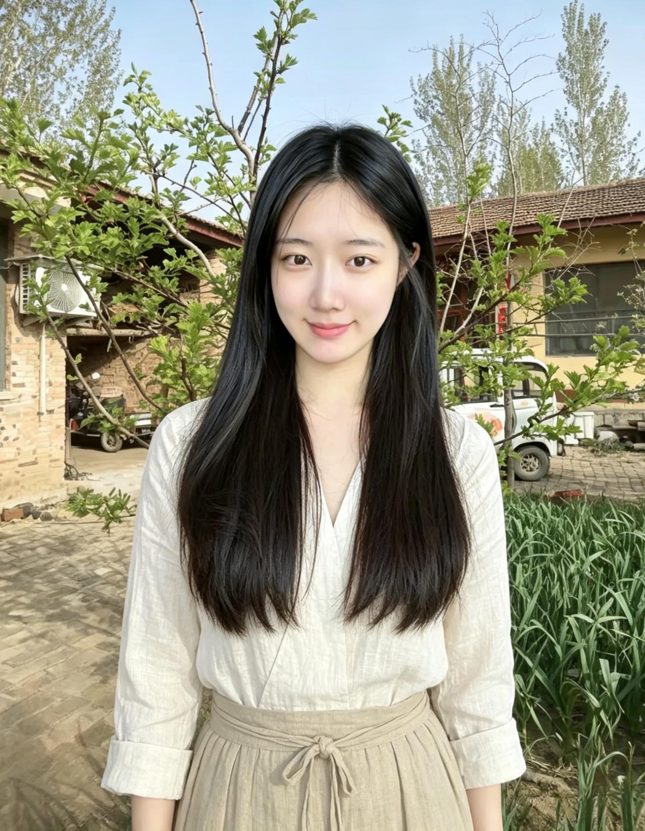 长发如云衬素裙，朝露丝丝润芳芬。清灵一笑尘嚣尽，恰似春风拂玉人。