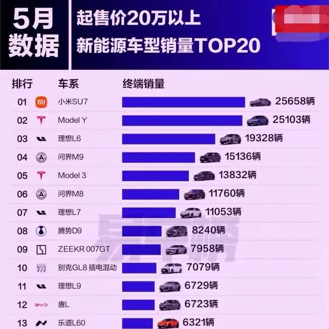 5月20万以上新能源汽车销量排行榜真是万万没想到，小米SU7拔得头筹，甚至超