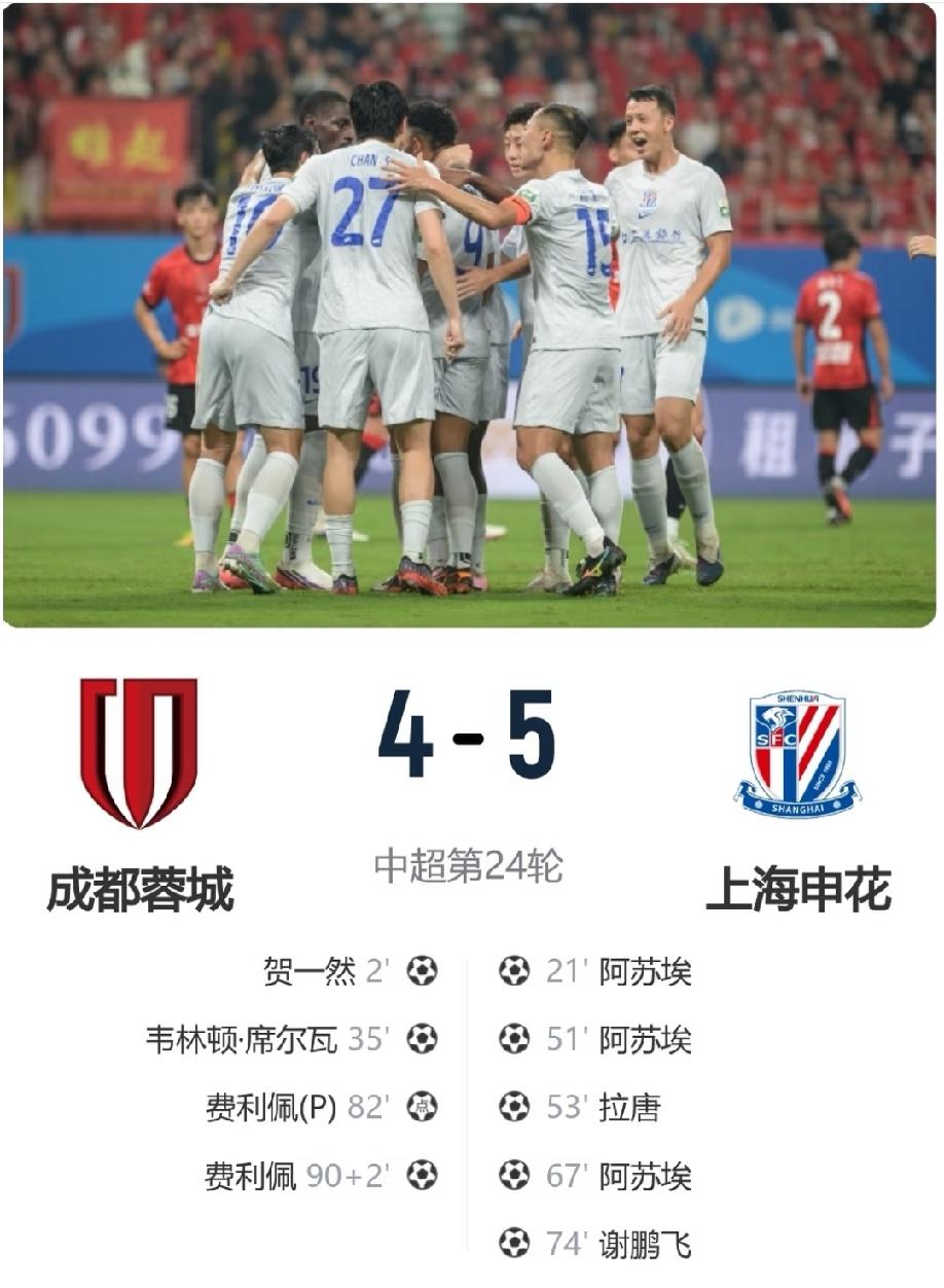 申花让二追五，客场5:4击败领头羊成都蓉城，在相关的评论区，两队球迷也是表现出来