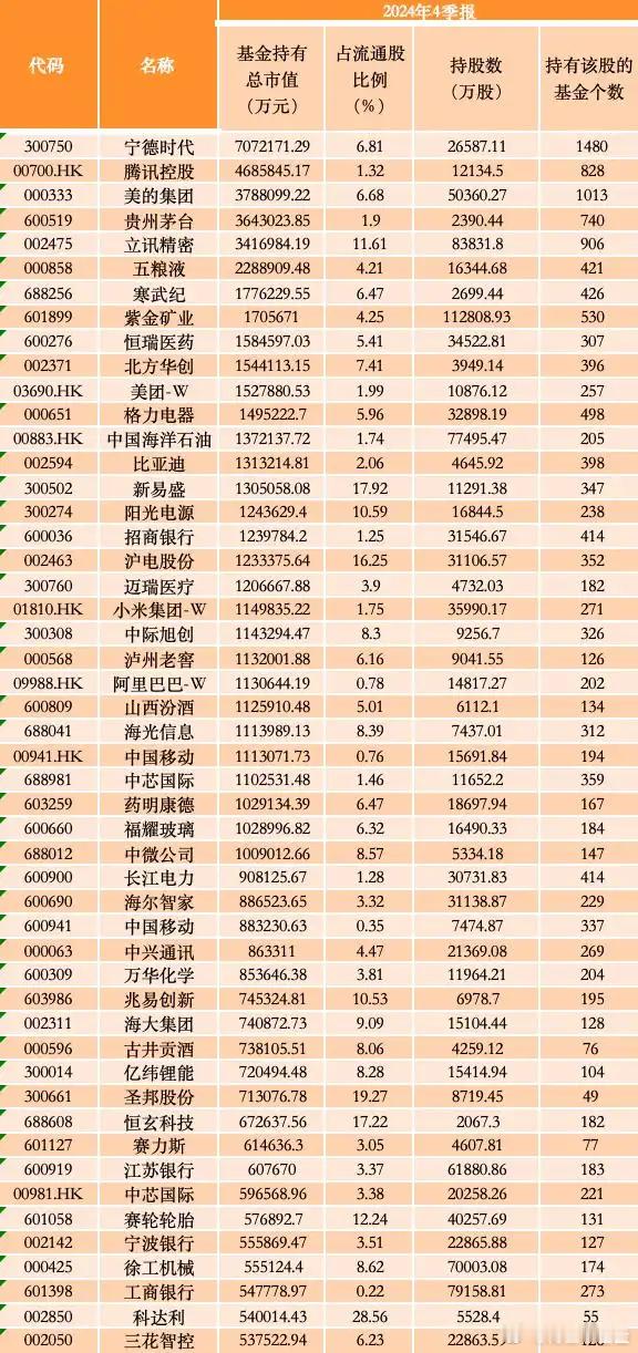 四季度报告基金持仓排名基金寒武纪进入前十