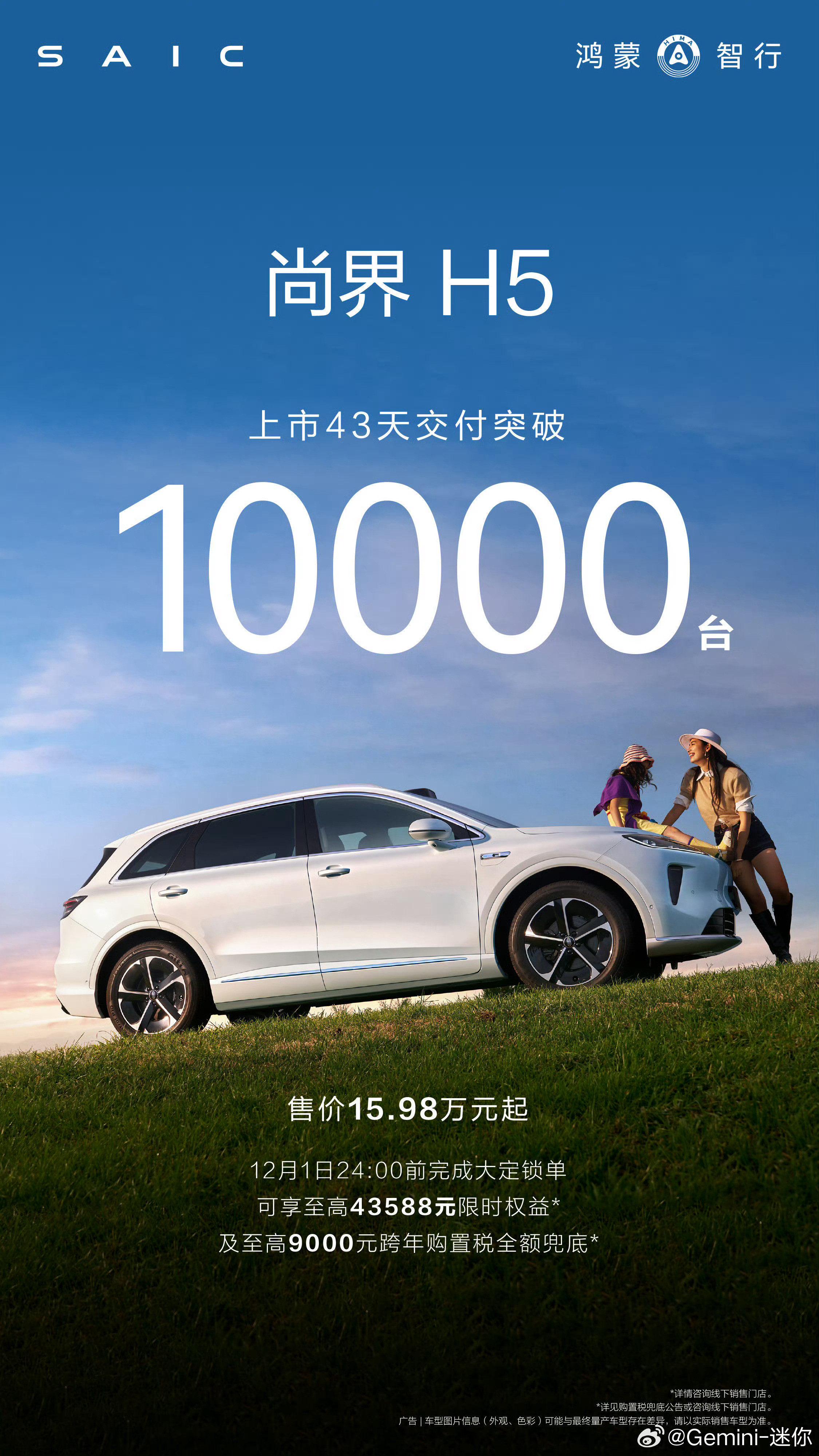 尚界H5的销量海报终于来了，43天交付量破万，也就是43天交完了上市1小时的大定