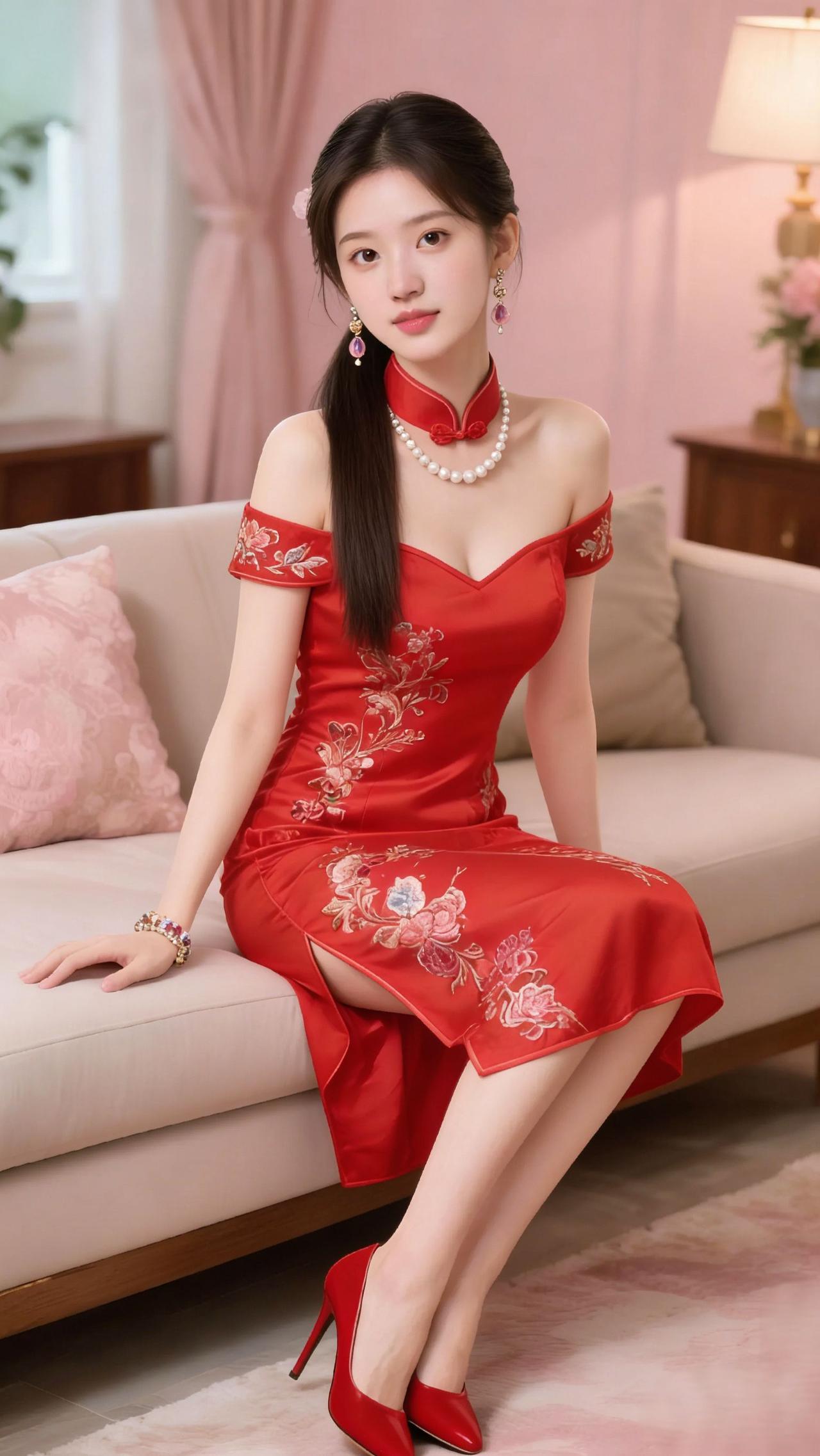 《红韵雅姿》当朱红绸缎轻裹肩头，新中式旗袍的斜襟盘扣便牵起了古今的风。露肩