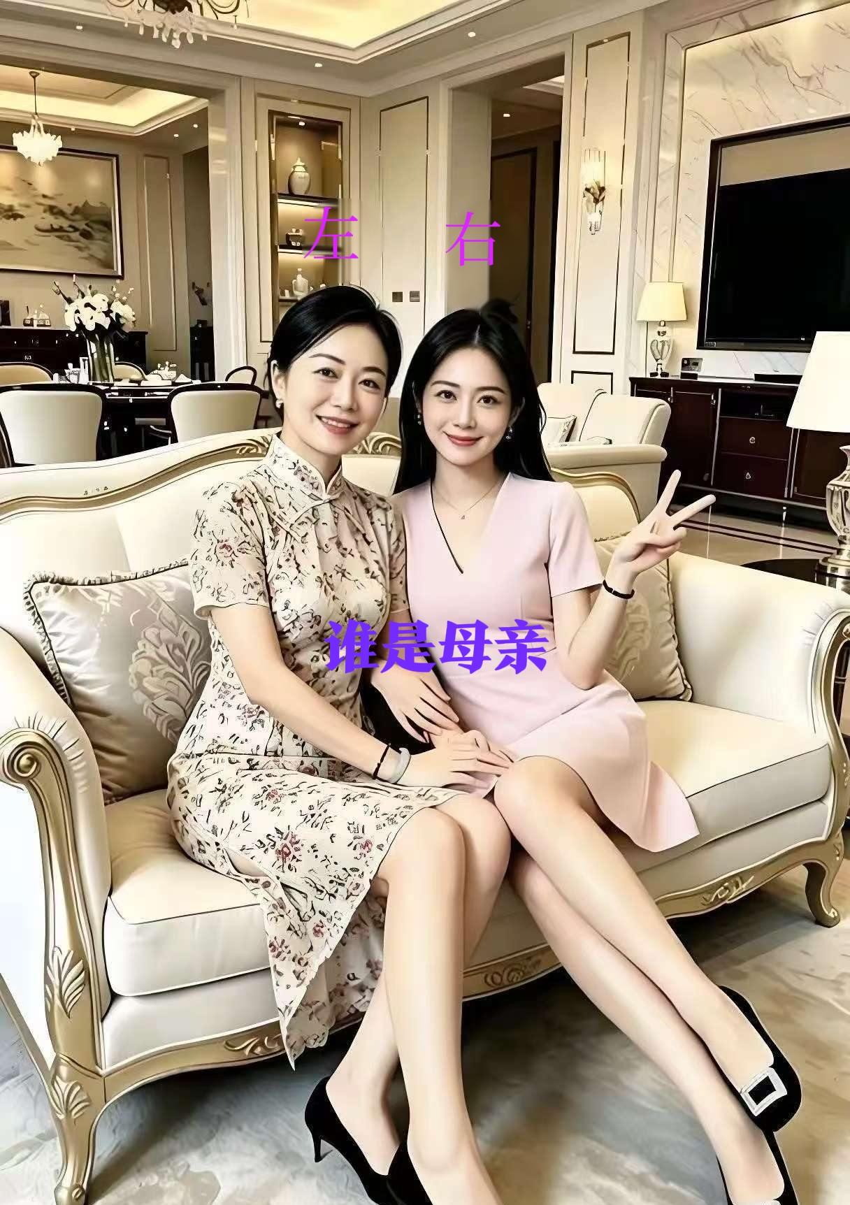 坐在沙发上的是一对母女，母亲46岁，女儿22岁，大家猜猜看，哪一个是母亲