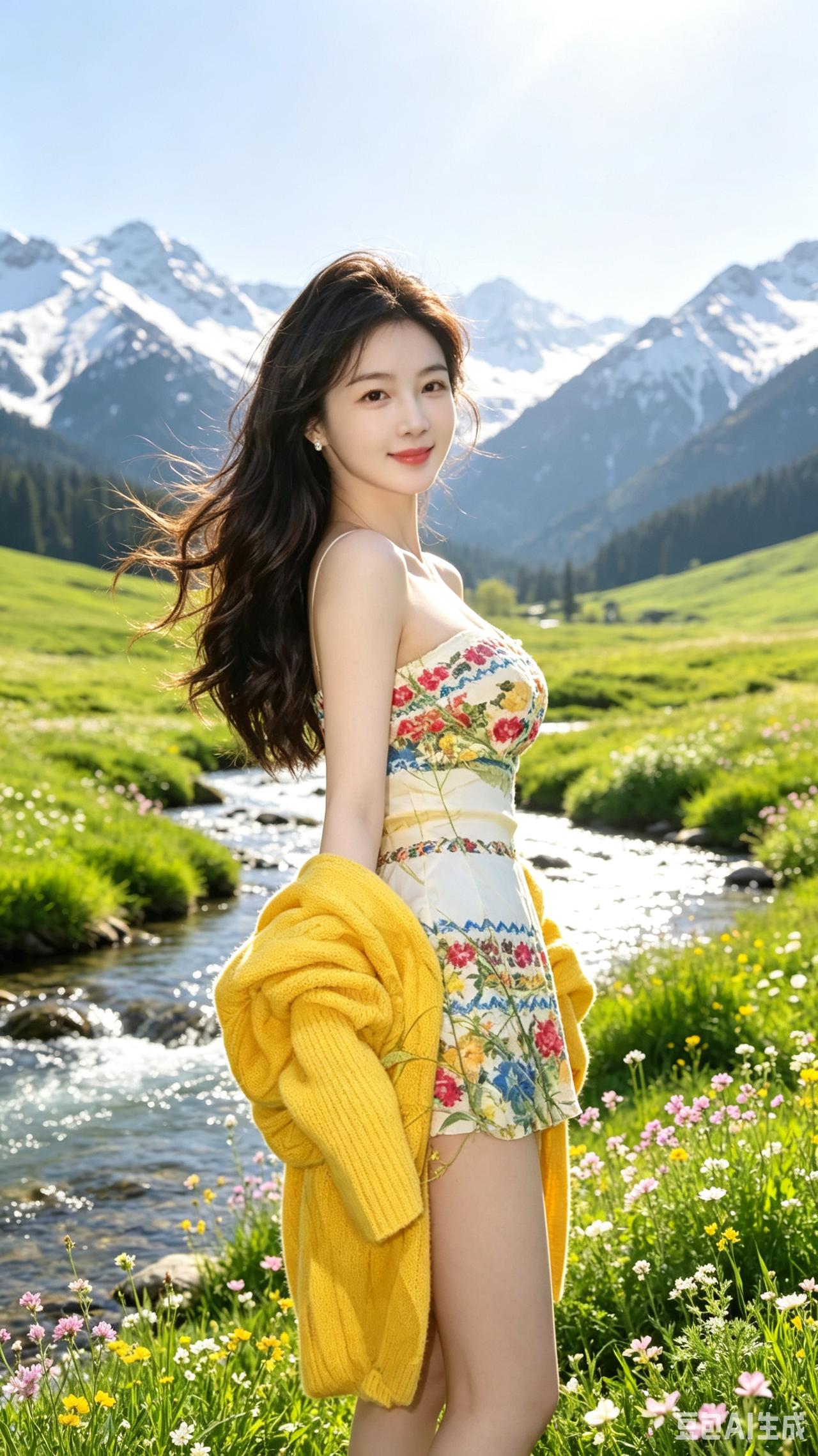漫山青草迎春开，清溪缓缓绕石台佳人立在风光里，景致养眼人更乖