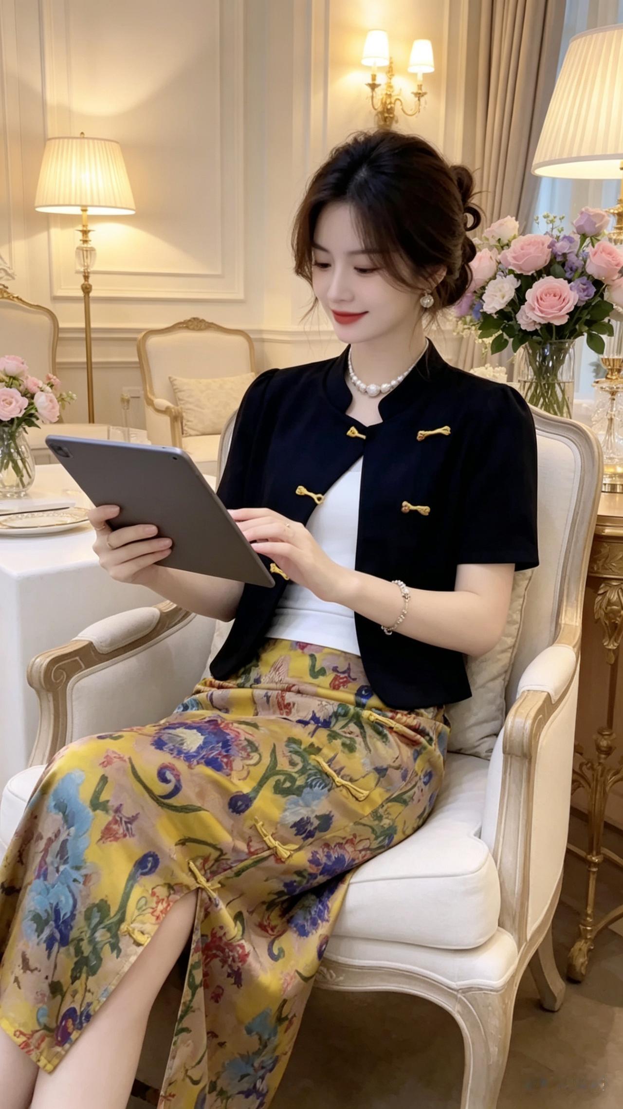 温婉美女手持平板电脑，身姿优雅从容，气质恬静淡然。柔和灯光洒落，精致家具典雅大气