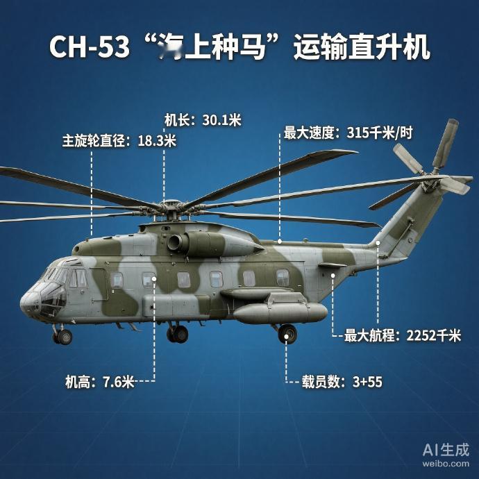 #军事ai新视野#CH-53“海上种马”运输直升机［美］机长：30.1米主旋翼直径：18.3米机高：
