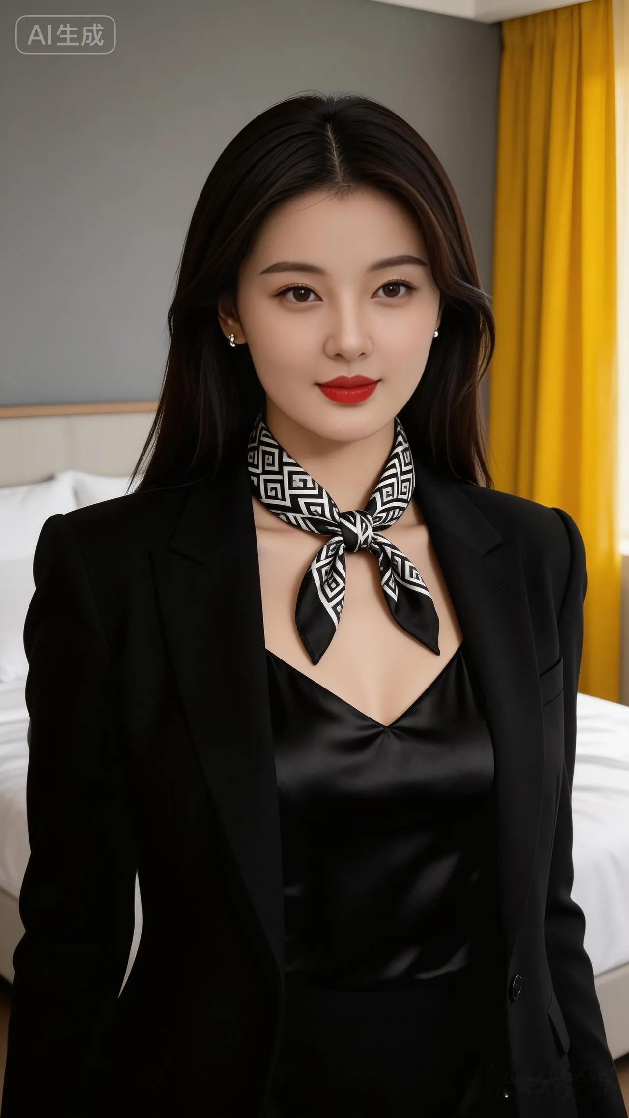 优雅职场风，黑西装套装搭配几何领巾，尽显时尚魅力！💄✨