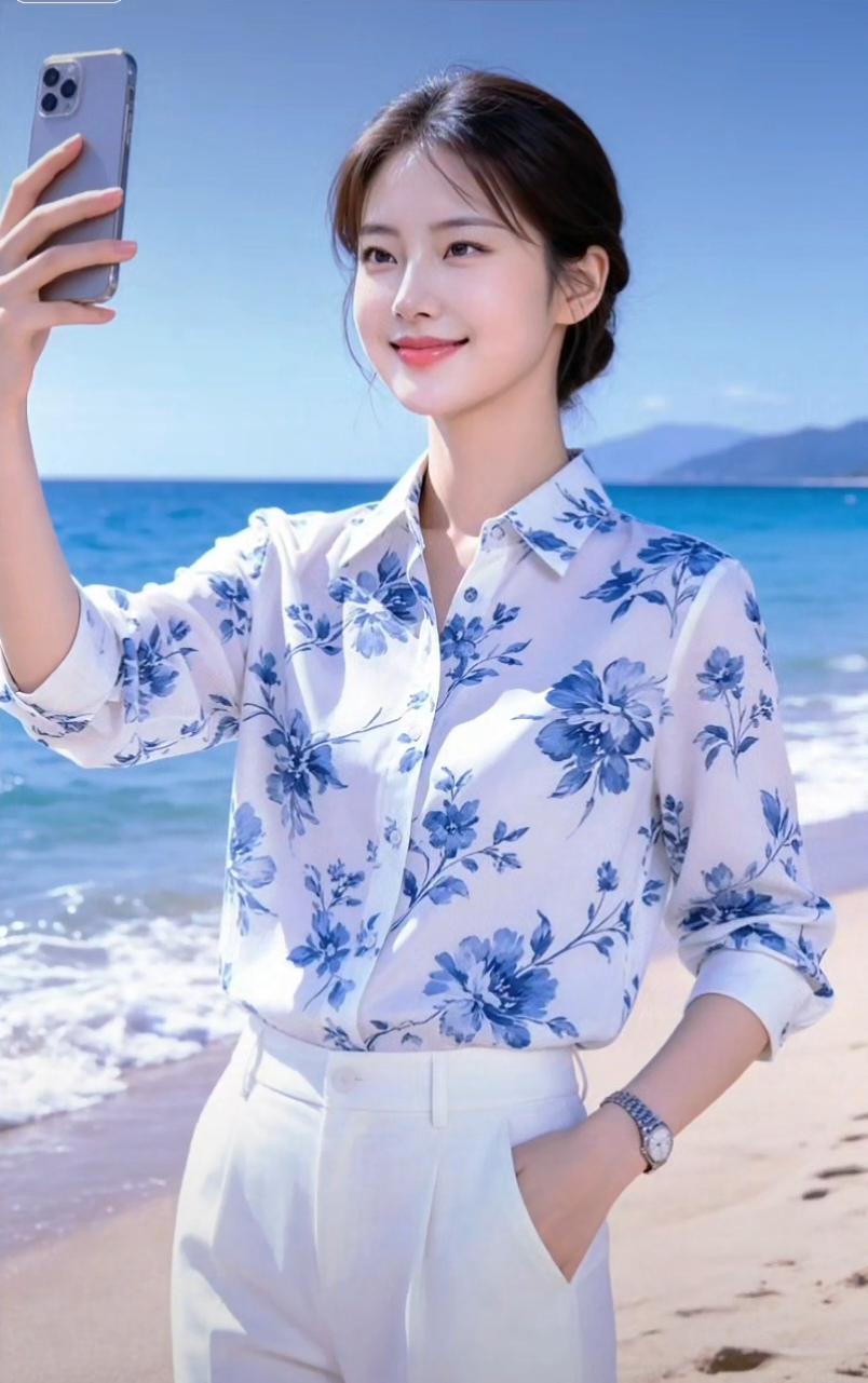 在海滩上自拍的小姐姐，好漂亮！