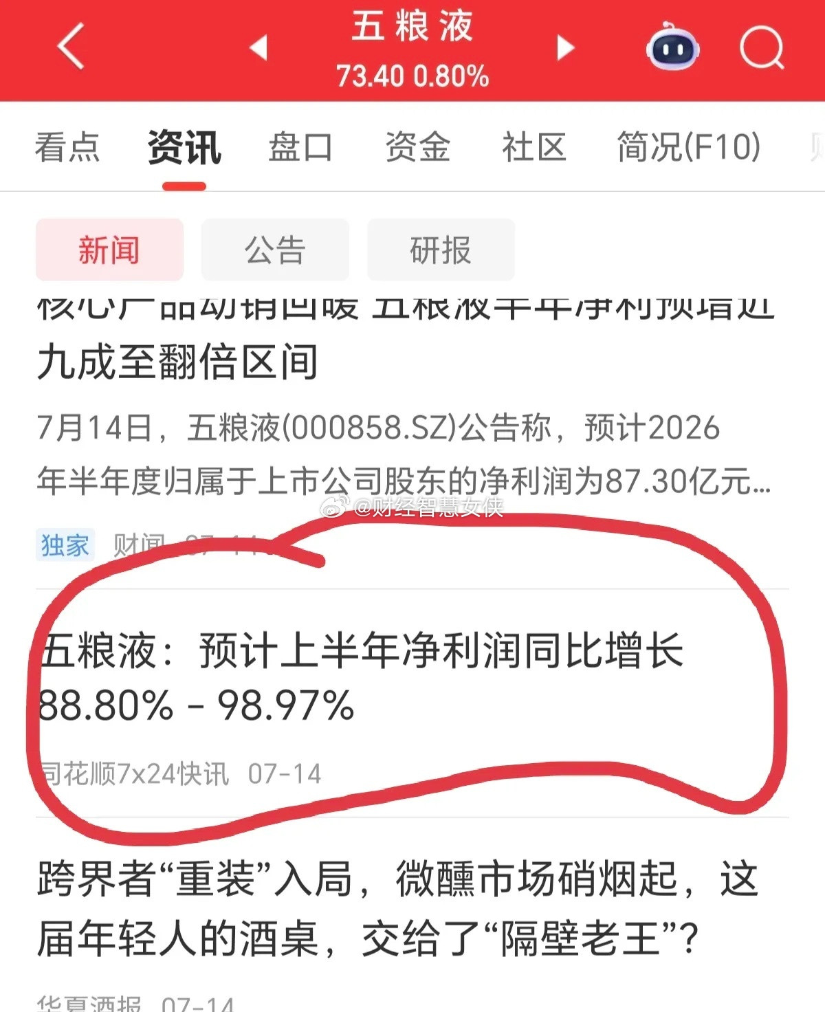 五粮液上半年，股价一路下跌，从100元直接跌倒了现在的73元，而净利润却同比增长