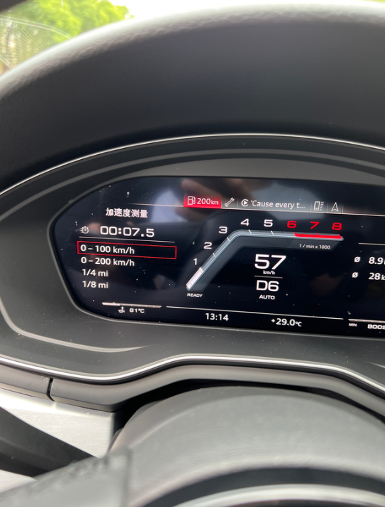 奥迪A4L40豪华零百加速第一次试了一下零百加速，感觉还可以，中间松了一点点油