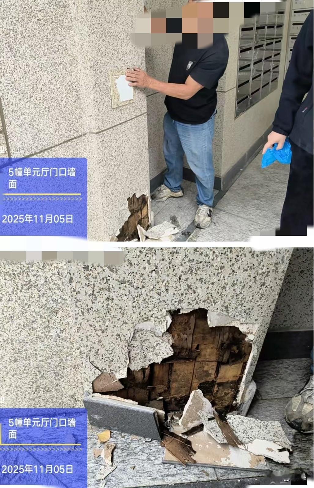 室外墙体为什么用木头包裹？小区门口的墙体裂了，结果敲开一看，里面全是木头，都已