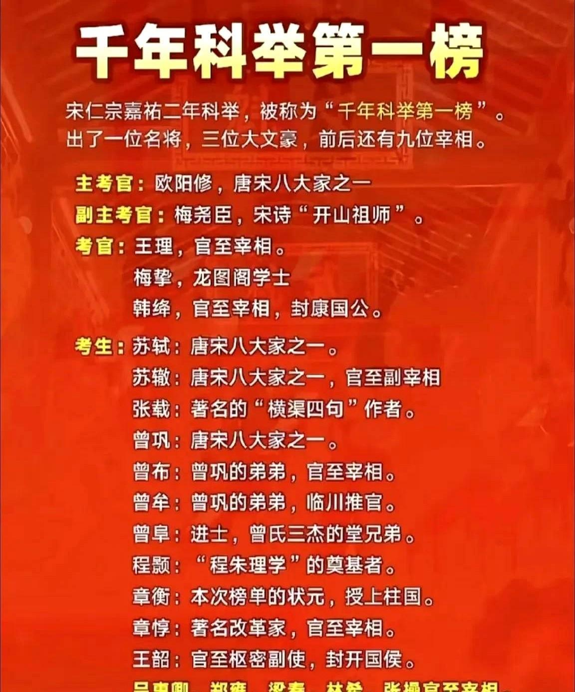 来看看千年科举第一榜：宋仁宗嘉佑二年（公元1057年）的科举榜单上，出了9位宰
