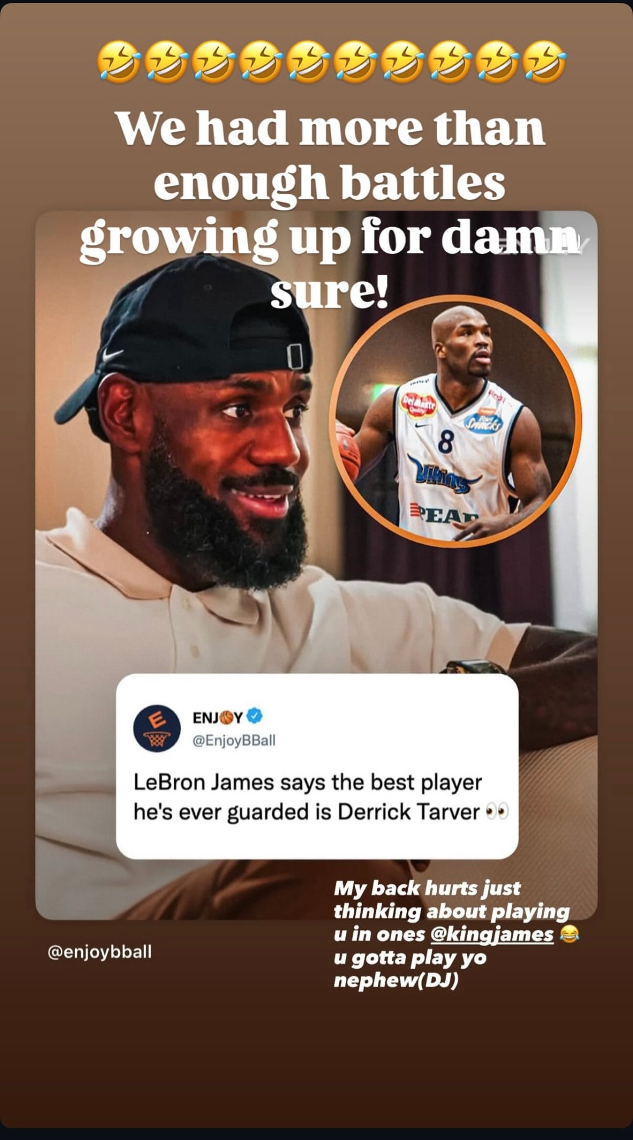 美媒EasyBball发文：詹姆斯称自己对位过的最强球员是德里克·塔弗。詹姆斯更