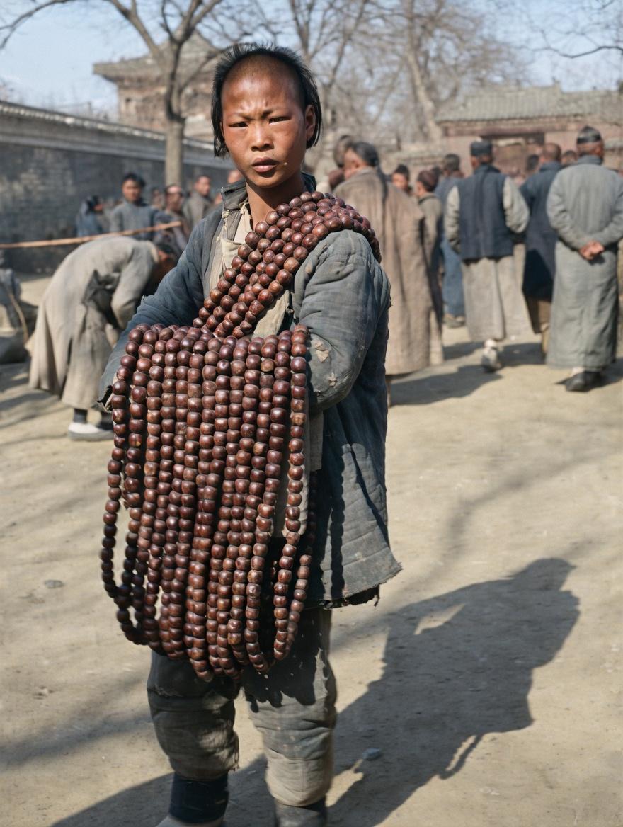 清末，北京街头的流动山楂小贩，背负着成串的山楂走街串巷叫卖，小贩用长绳将几十串糖