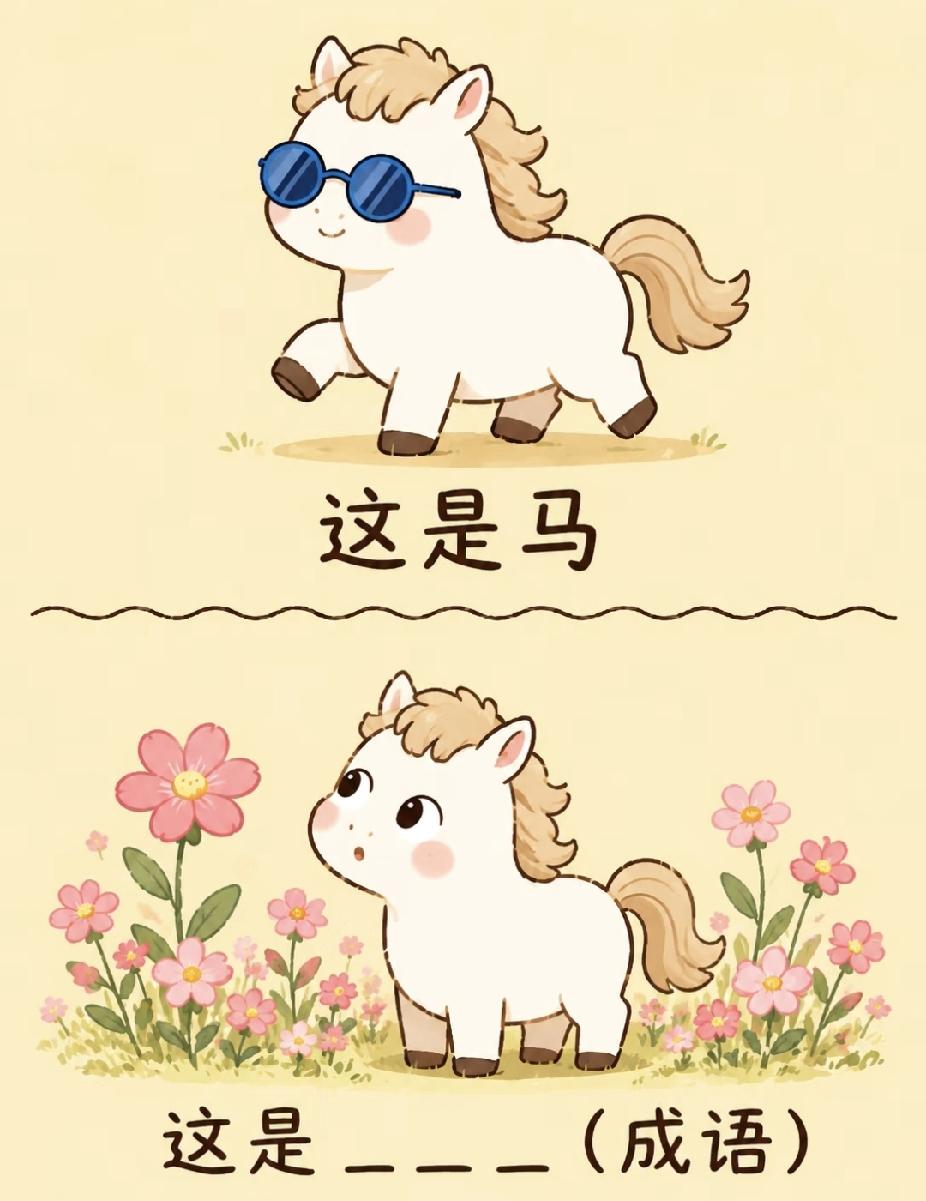  看图猜成语！小马赏花，这个成语90%人都能答对