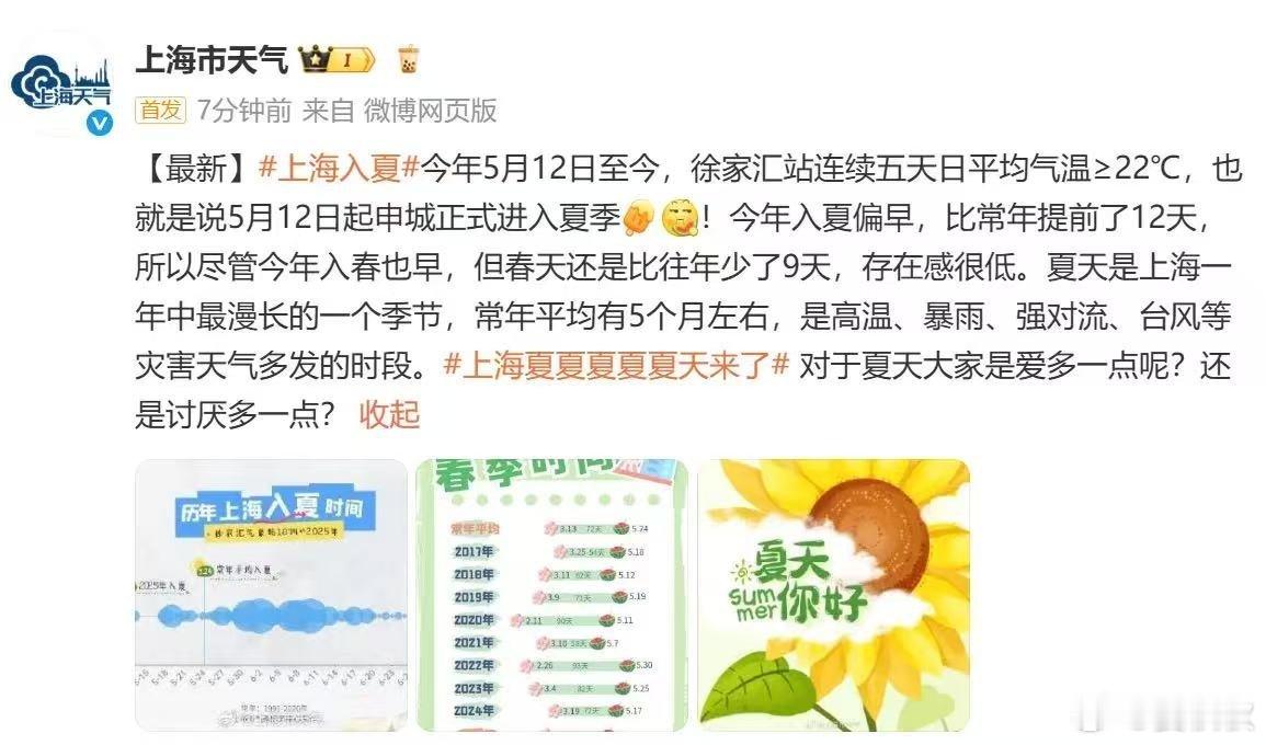 上海入夏刚刚，上海官宣，已于5月12日起入夏。与常年平均5月24日入夏相比，今年