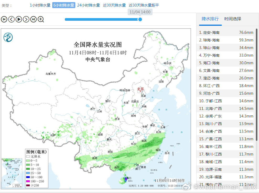 【降水】今天08-14时，降水主要在华南和江南，西南地区的降水减少。海南站点包揽
