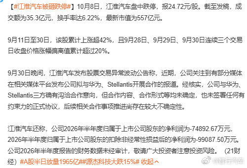 #江淮汽车被砸跌停#总结一下：确实在和华为以及Stellantis（玛莎拉蒂母公司）在谈，但还啥都没