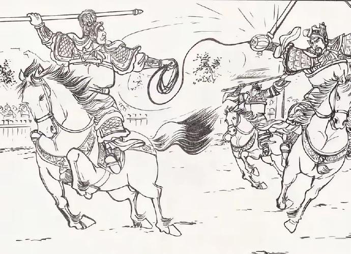 “瓦岗秦琼，不过如此，看我流星锤！”图中大将暗箭伤人，一流星铜锤打在了秦琼左手之