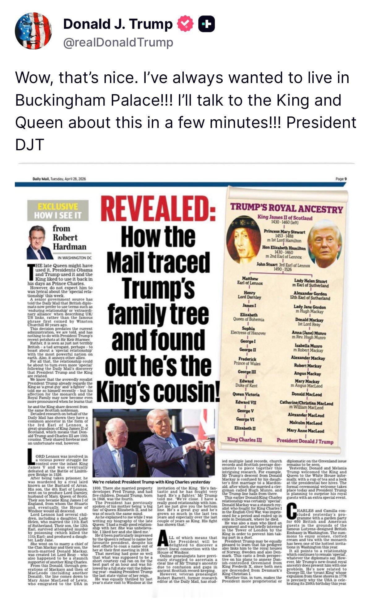 当有人扒出来了那位和老查之间的祖宗十八代，他俩最早都能追溯至苏格兰的詹姆斯二世国