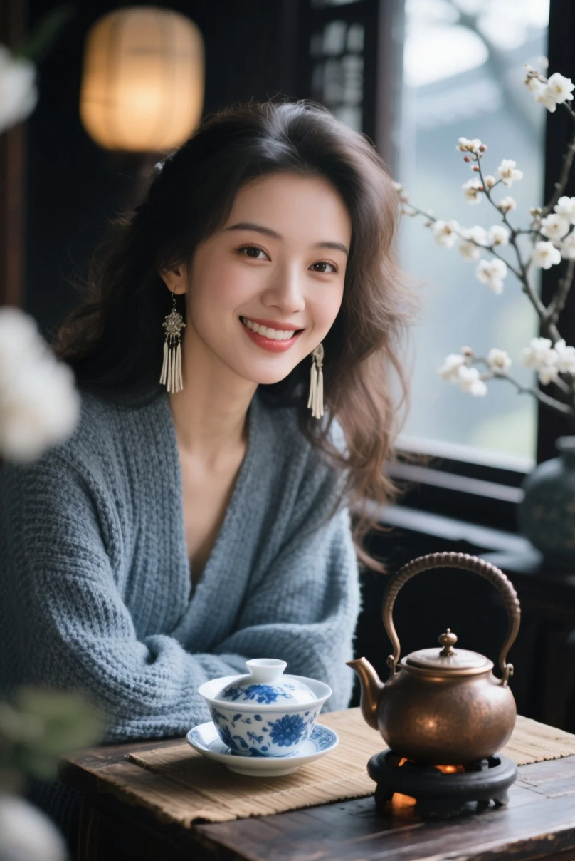 她低头斟茶的瞬间，连时光都慢了下来