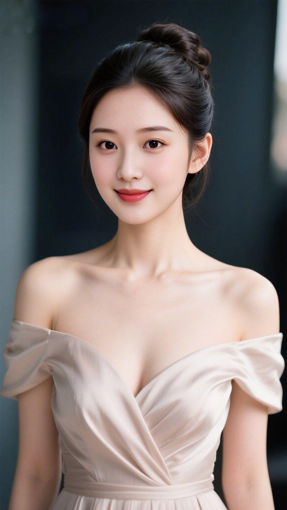 绾发素裙皆温柔浅杏色素裙衬着清隽的肩线，乌发高高绾成发髻，几缕碎发轻贴鬓角