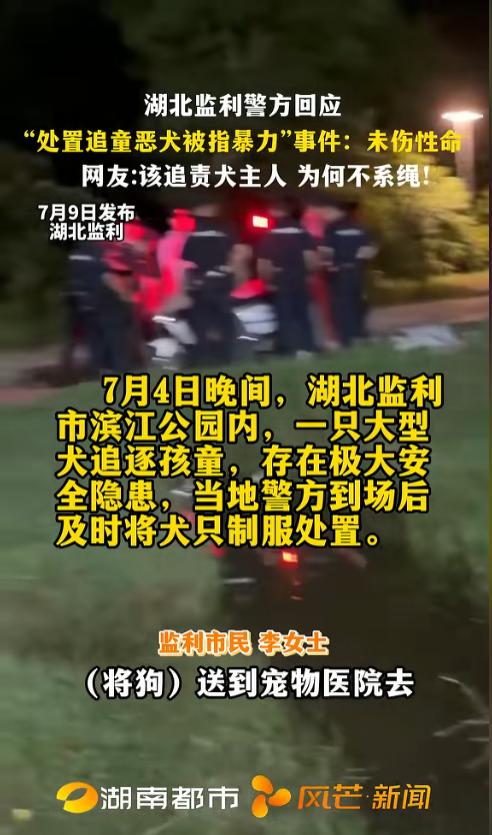 “圣母心泛滥了！”湖北监利一个公园里，民警正在围捕一条没拴绳、正追着孩子跑的大型