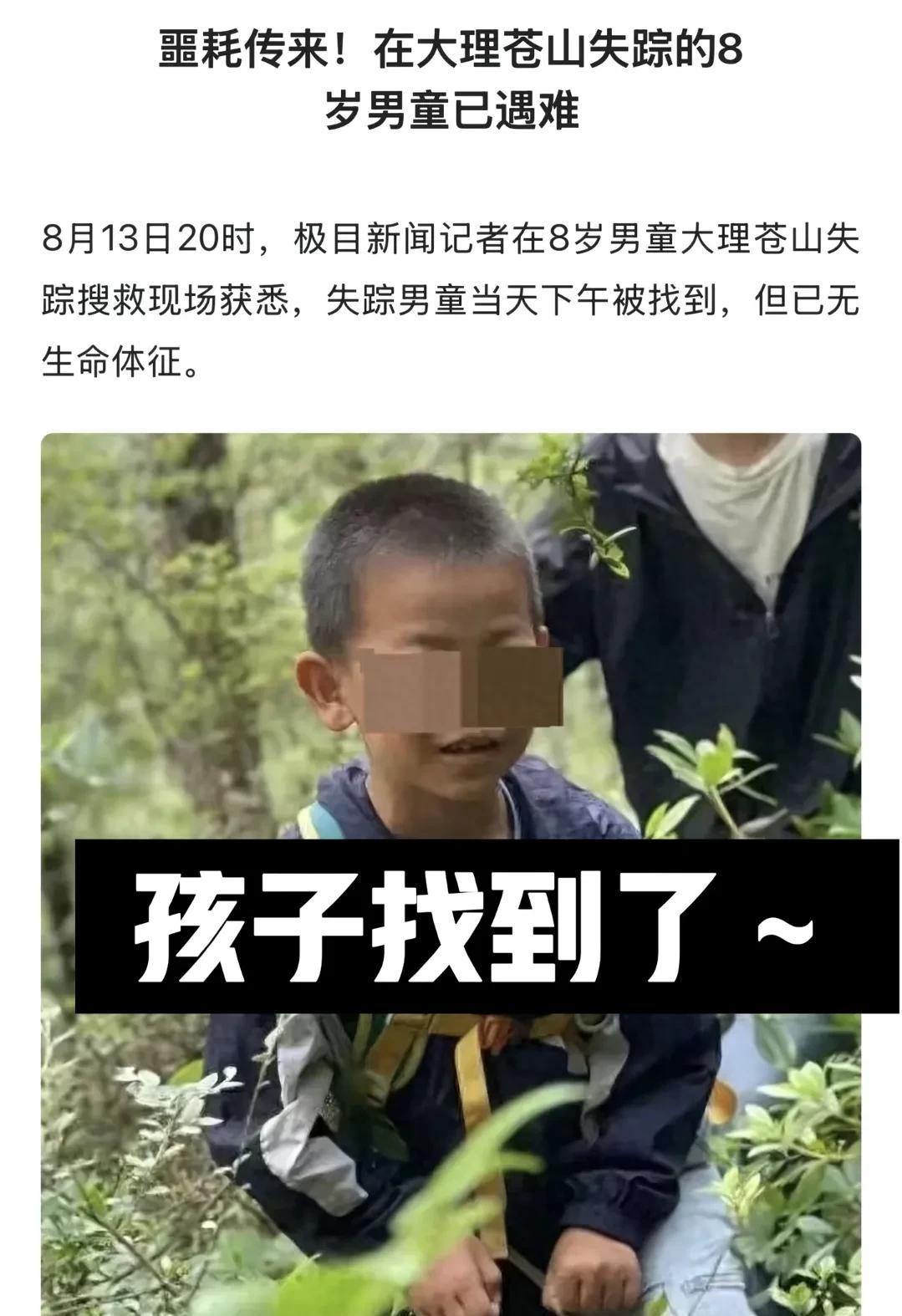 大理走丢的自闭症男孩找到了！但是很可惜，已经没有生命体征，这几天苍山都在下雨，