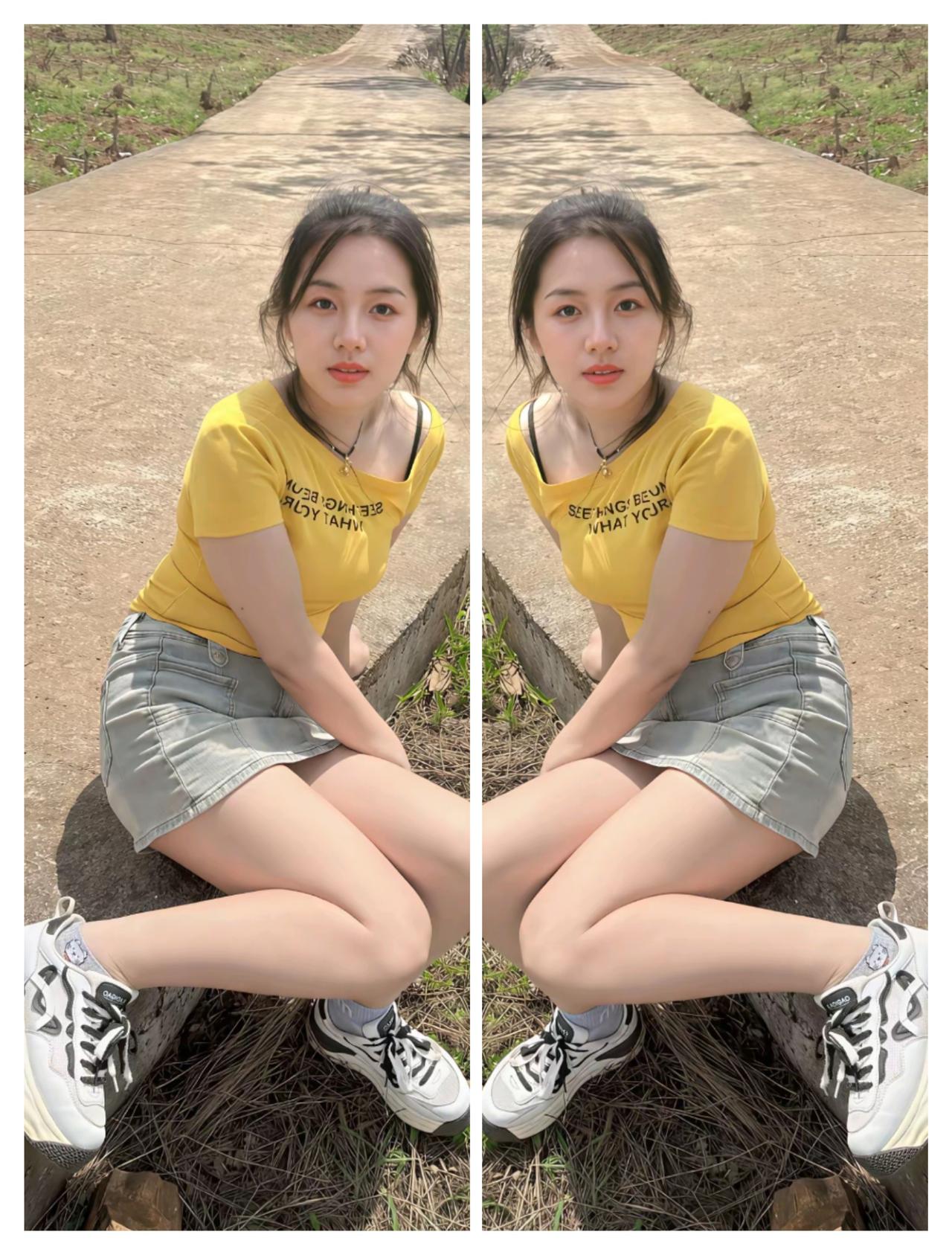 夏日清新穿搭，黄色T恤搭配牛仔短裙，元气满满！🌞👗👠棕色短裙穿搭黄色小上