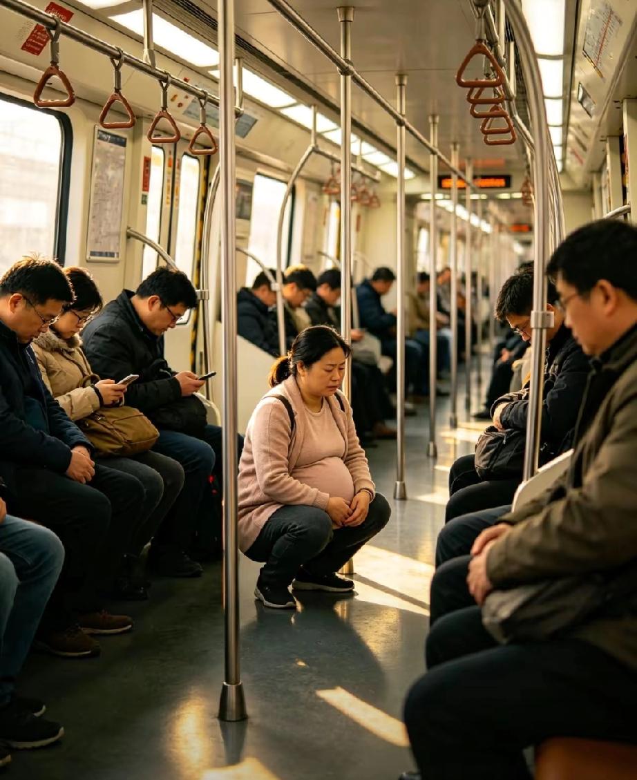 昨天上海9号线地铁上，一个孕妇站着五站无人让座，她突然蹲下众人以为要生了，谁知一