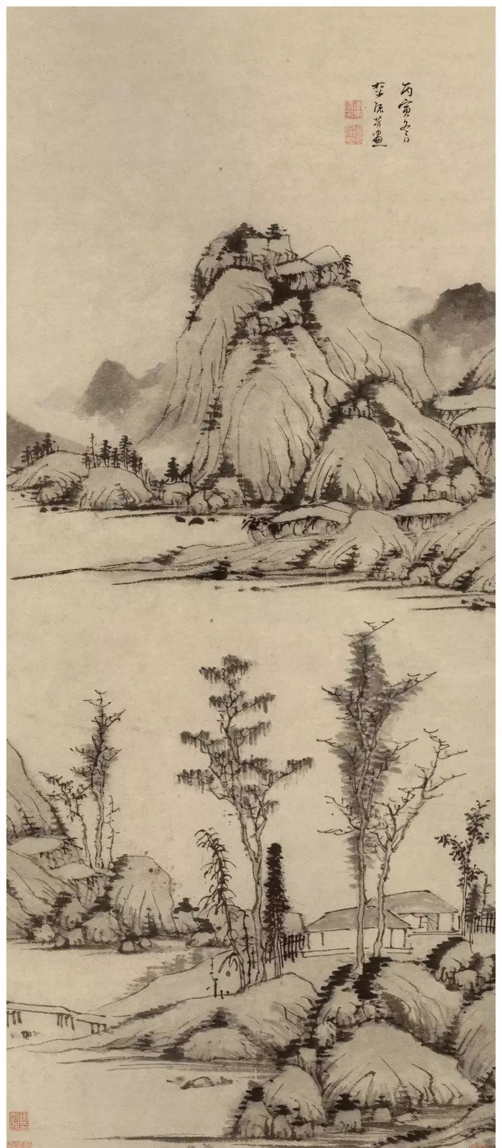 明李流芳溪山茅屋图。李流芳(1575~1629)明代诗人、书画家。歙县(今属