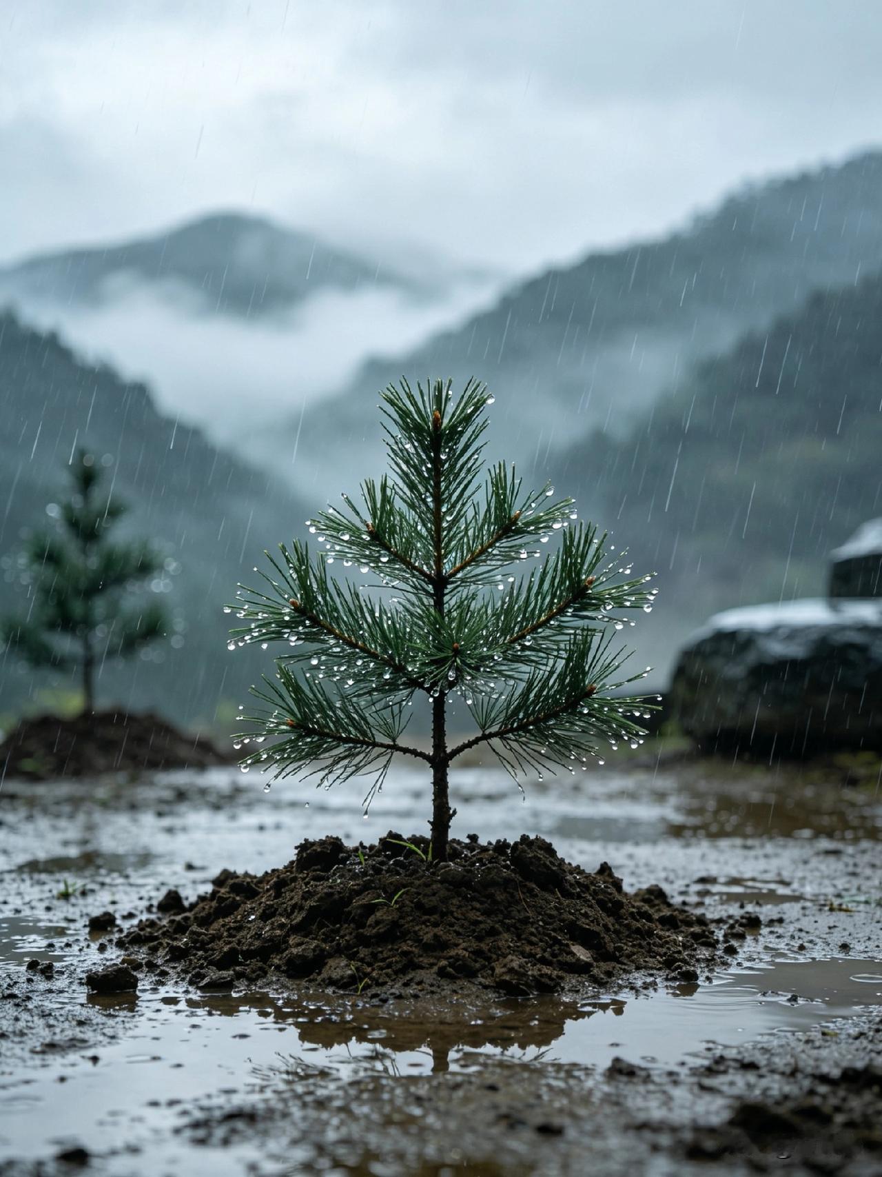 祖父新栽松树得喜雨文/方尚春祖先坟前新栽松，小小树苗绿葱葱。都说此树耐