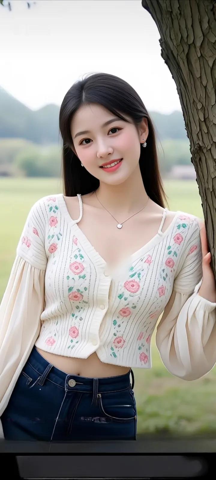 春日碎花针织|温柔少女感穿搭✨春日绿意满满的草地上，这件碎花针织开衫温柔感