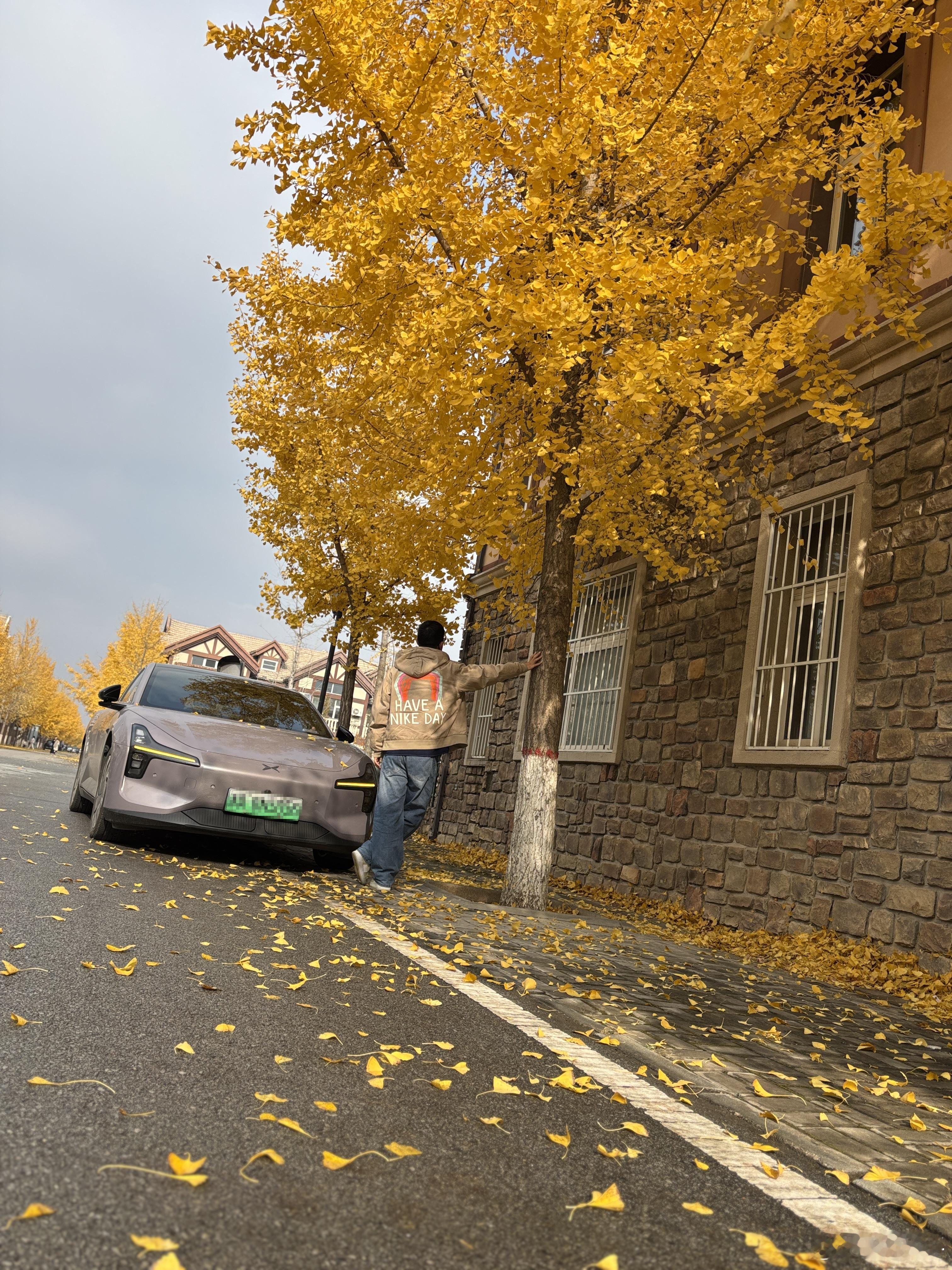 银杏树+小鹏mona+我的背影。其实是孩子妈硬把我推过去非要拍一张。这是我家附近