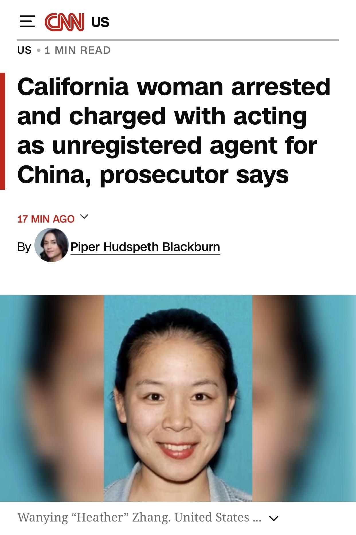 美媒：一名中国女子涉嫌违法遭美检控美国有线电视新闻网(CNN)官网当地时间1
