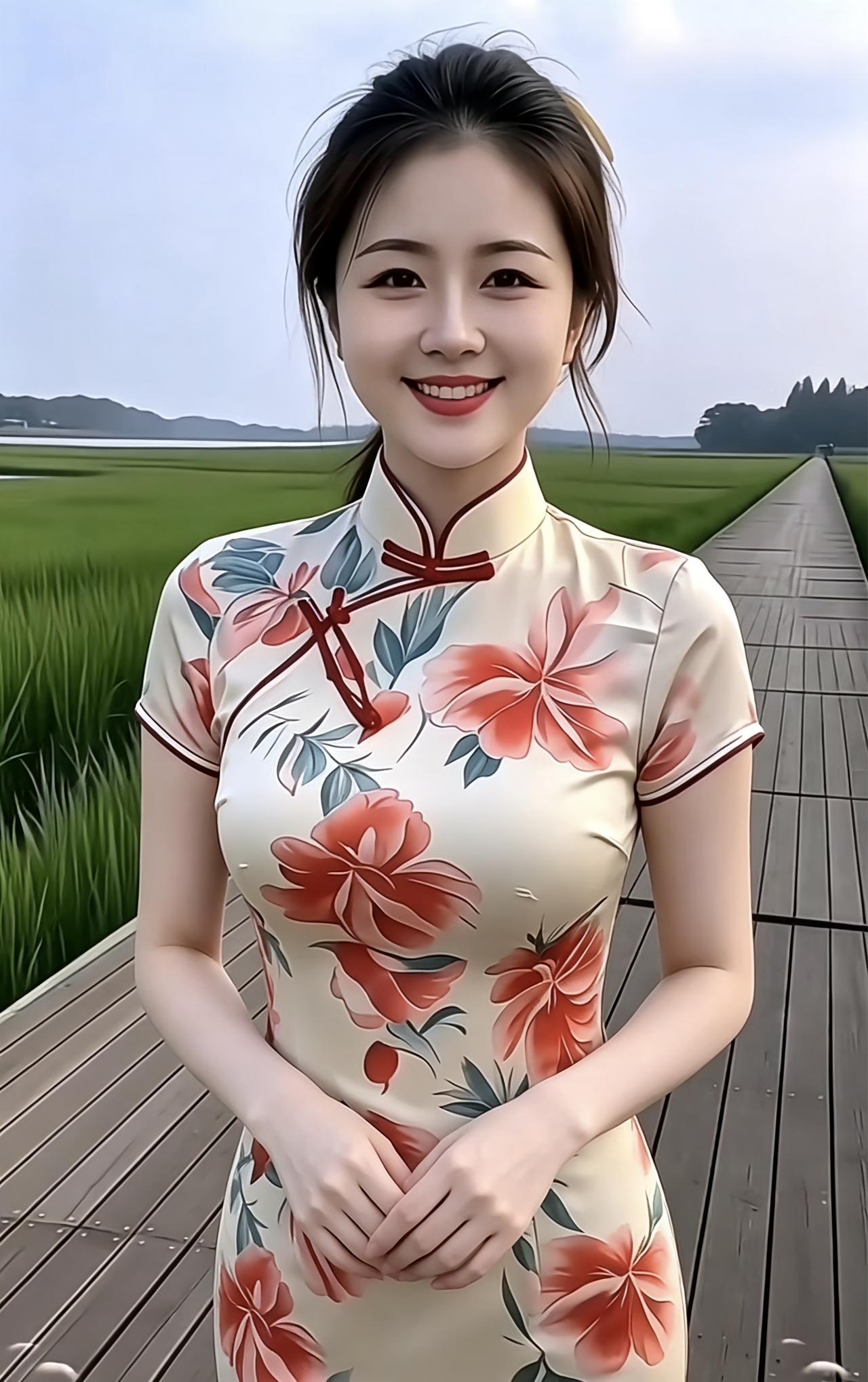 穿旗袍的姑娘站在田间木栈道上。
