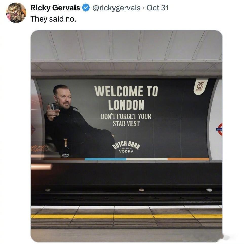 2025年10月31日，英国著名喜剧演员RickyGervais发帖抱怨伦敦交