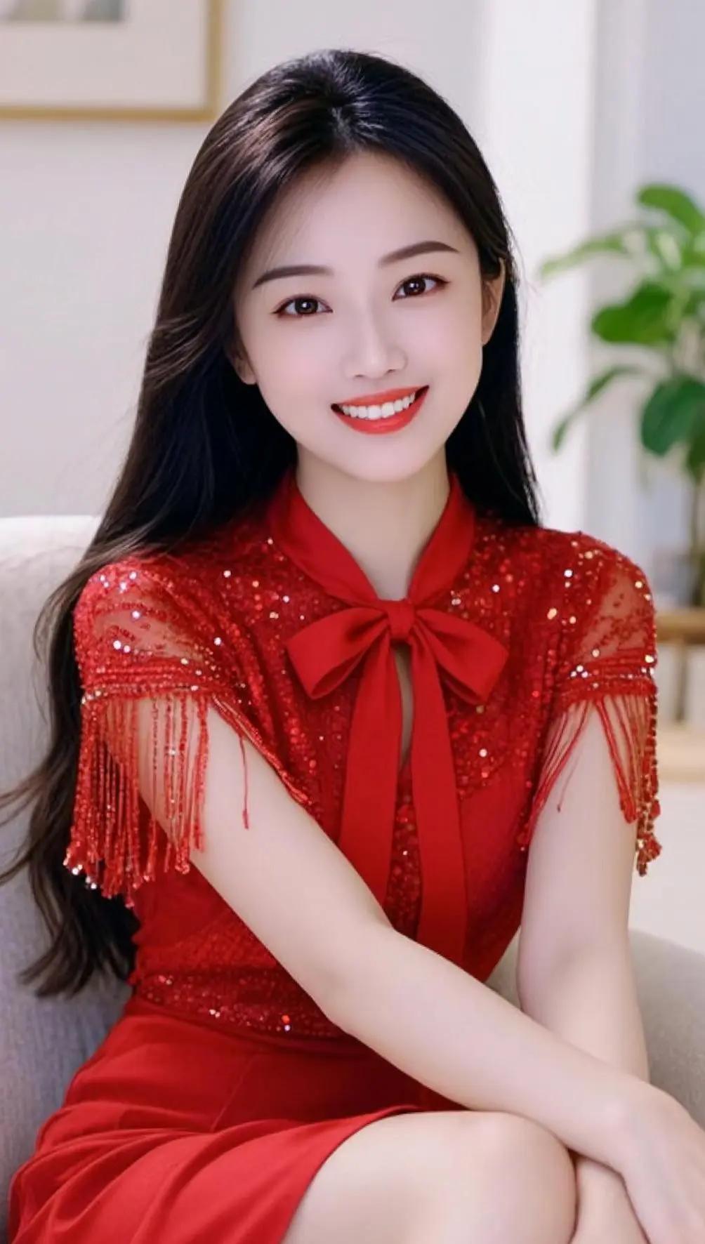 甜美红衣少女，笑靥如花，时尚又可爱！