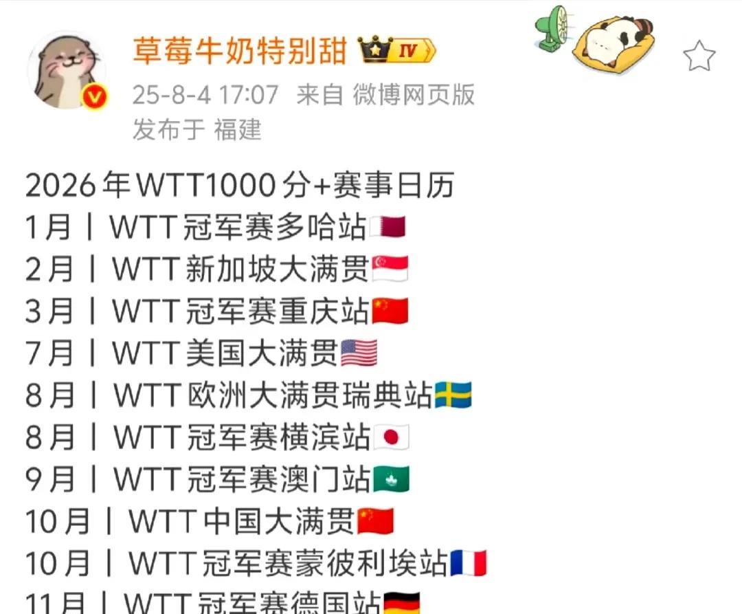 万万没想到！2025年的乒乓球赛事都还没打完，2026年的赛事安排就出来了，