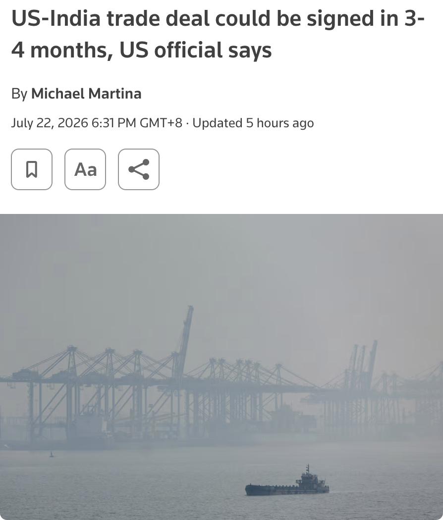 外媒：美国与印度期待已久的双边贸易协议预计将在未来3至4个月内签署。一名美国