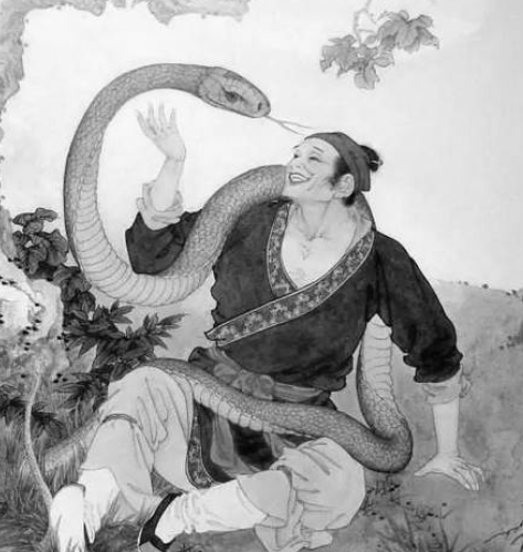 明成化十三年春，有个耍蛇人放生了一条驯养多年的青蛇，多年后耍蛇人路过一山林，与青