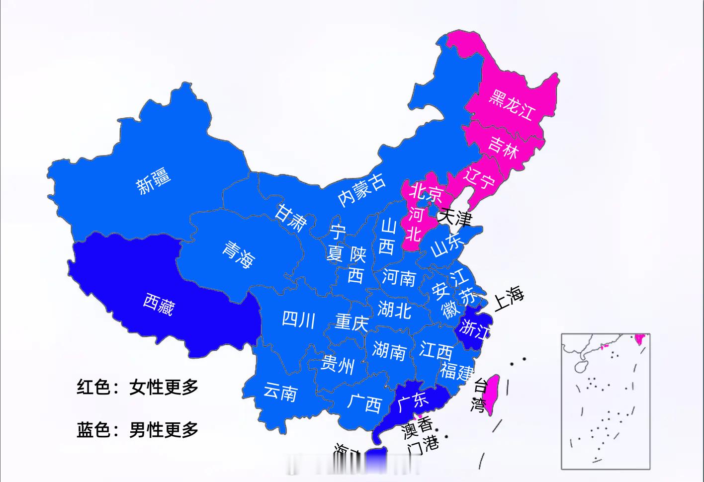 性别比地图：红色省份女性多，蓝色省份男性多