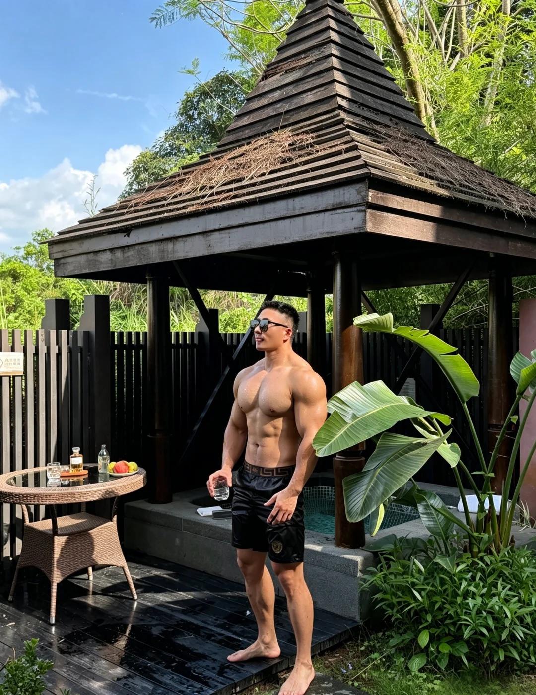 来度假了，阳光和肌肉都是现成的～肌肉男强壮的男人见人不如健身露天泳池酒