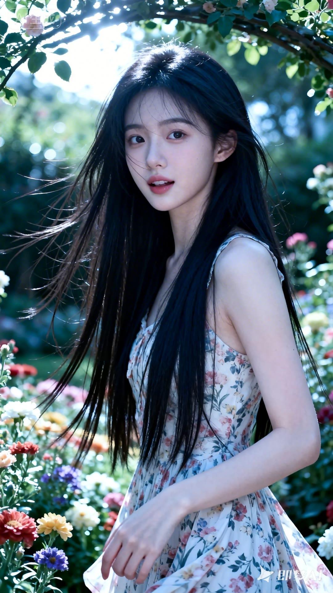 阳光下的花海，少女与自然的完美融合。